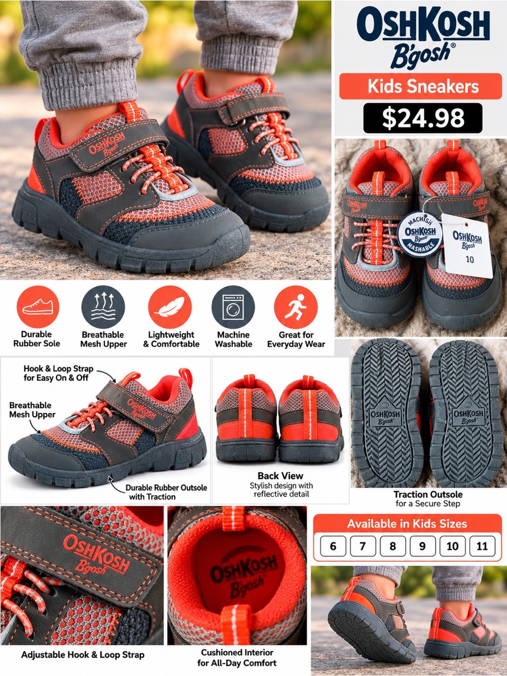 OshKosh B'gosh Orange & Gray Kids Sneakers with Hook-and-Loop Strap
